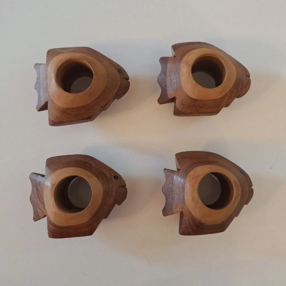 Wooden Fish Napkin Rings India Carved Eyes Faces Nautical Sea Beach Shore Island